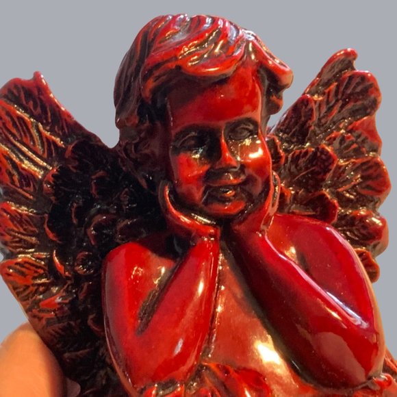 Winged Angel Cherub Shiny Carved Resin Dark Red Color Figurine 4" - Picture 2 of 10